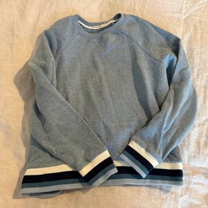 Marine Layer Light Blue Crewneck Sweater with Navy & Cream Stripe Trim